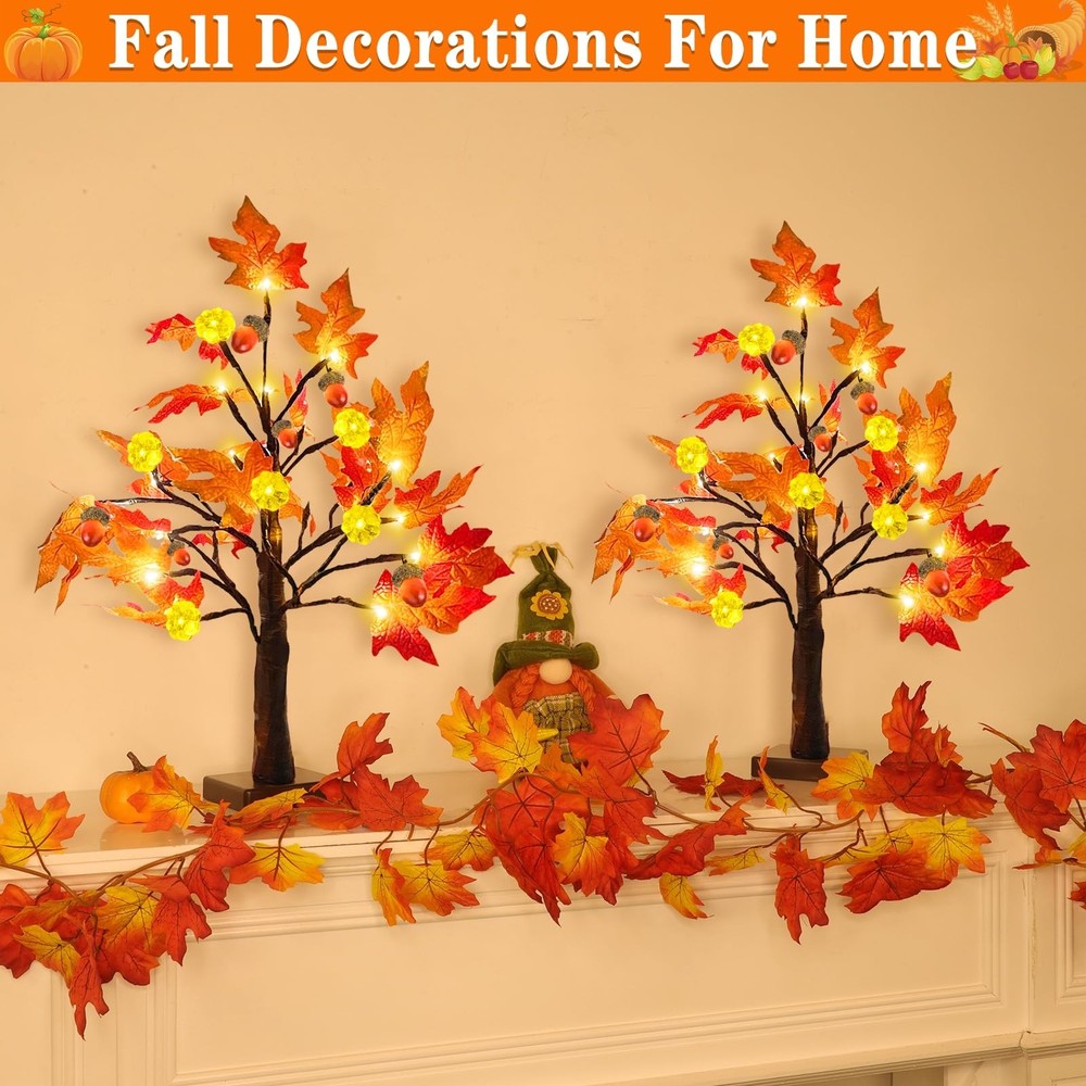TURNMEON Thanksgiving Decorations 2 Pack 18 Inch Prelit Fall Maple Tree Fall Dec