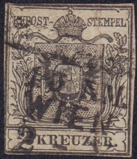 AUSTRIA 1850 # 2b 2kr GRAY BLACK PAPER FOLD