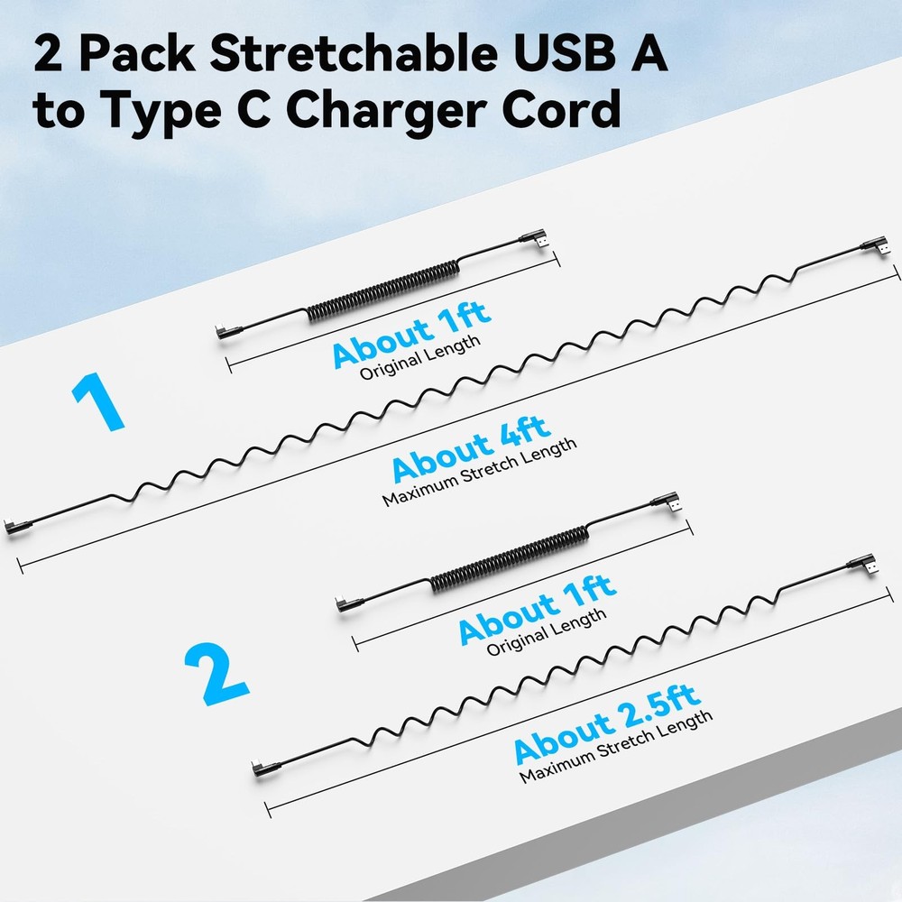 Coiled USB C Cable 90 Degree Right Angle Type C Charging Cord 2 Pack 31 In