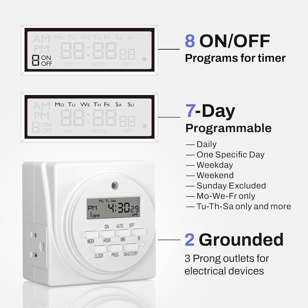 BN-LINK 7 Day Heavy Duty Digital Programmable Timer, 3-Prong,1-Pack, White