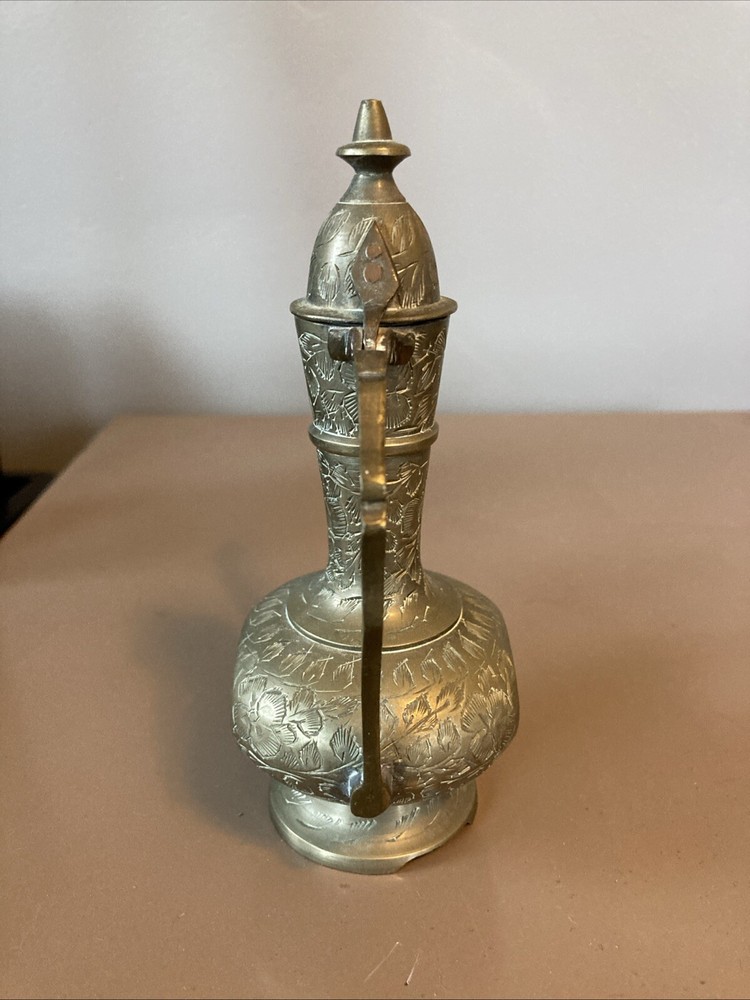Pair 2 Indian Middle Eastern Etched Dallah Brass Coffee Pots
