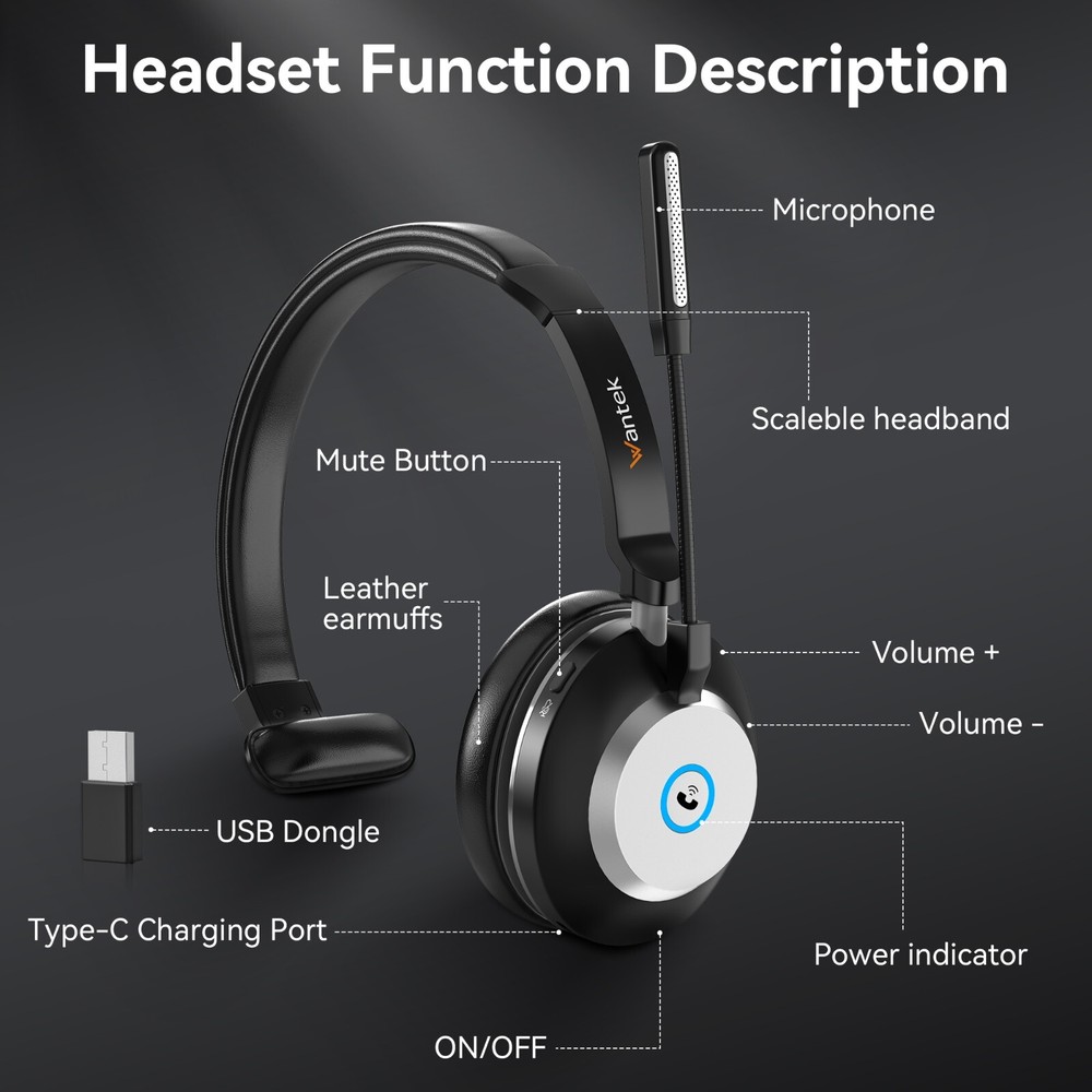 Wantek Bluetooth Headset V5.3 with Microphone for PC, USB Dongle, Charging Base