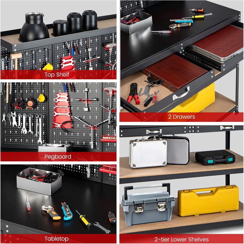Work Bench with Storage, 48" X 24" Work Table with Pegboard, 2 Drawers, Hanging