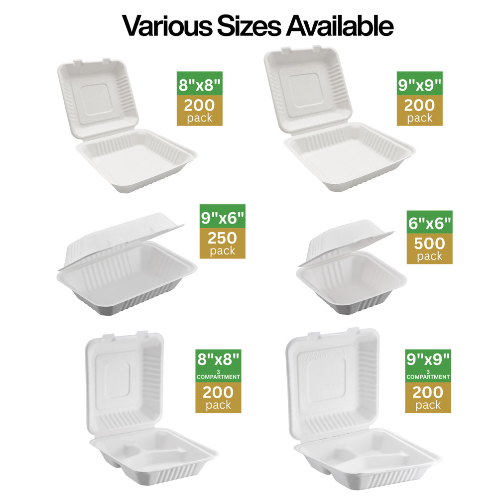 Bagasse Hinged Container, White, PFAS FREE, 9" x 6", 125pcs