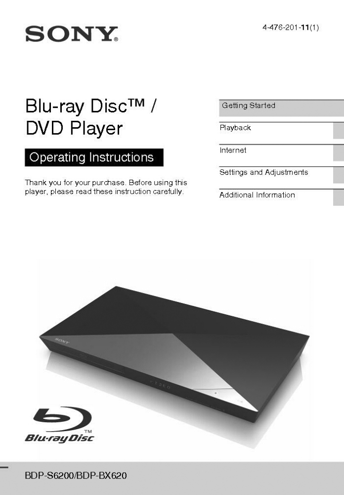 Sony BDP-BX620 Blu-ray Player Owners Manual
