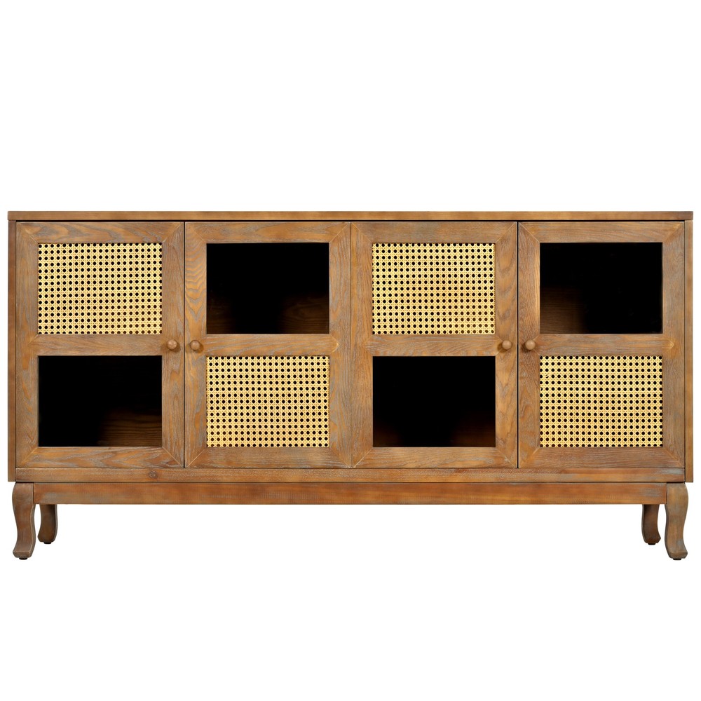 Retro 4-Door Sideboard with Large Storage Space Artificial Rattan Doors and Tr