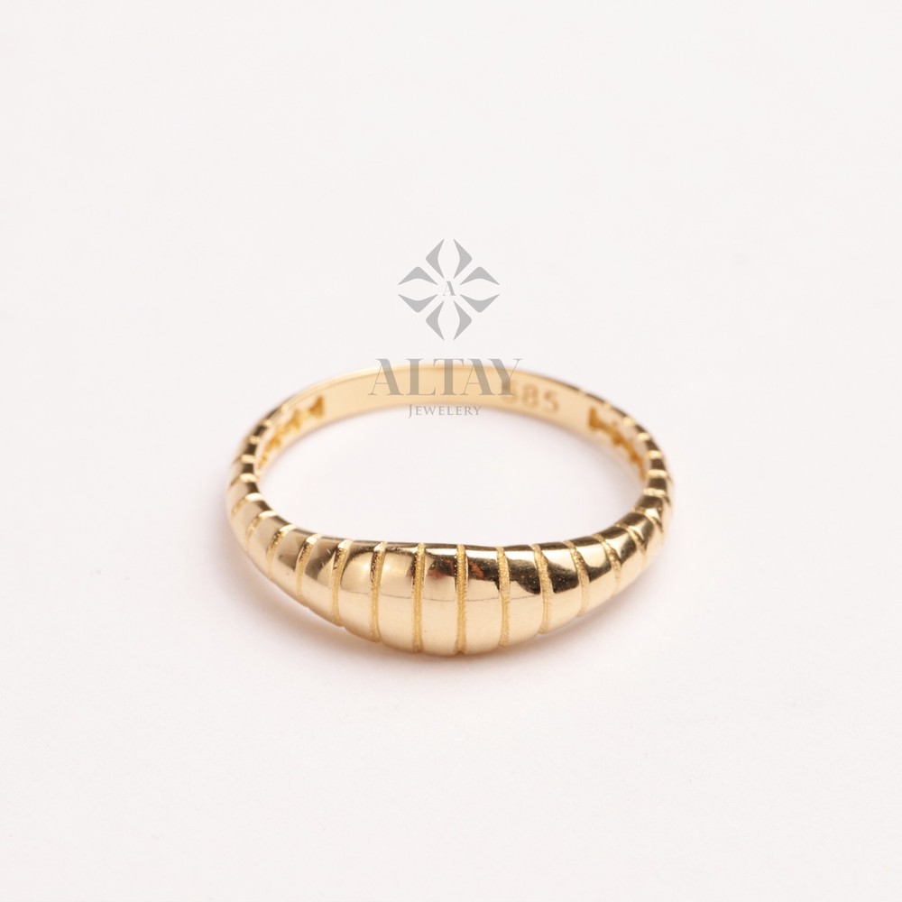 14K Gold Tiny Croissant Ring, Gold Ribbed Band, Twisted Dome Ring, Statement