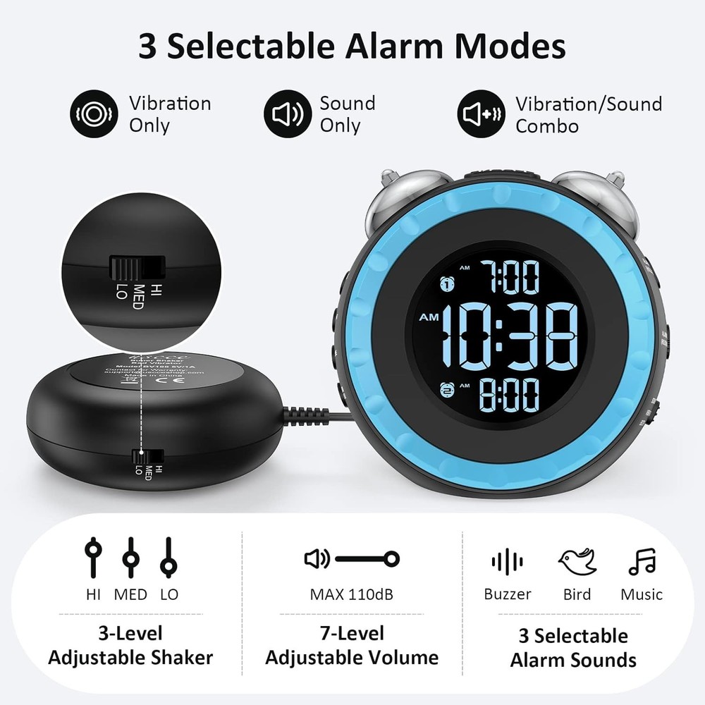 USB Alarm Clock with Bed Shaker - Customizable Brightness & Snooze Function