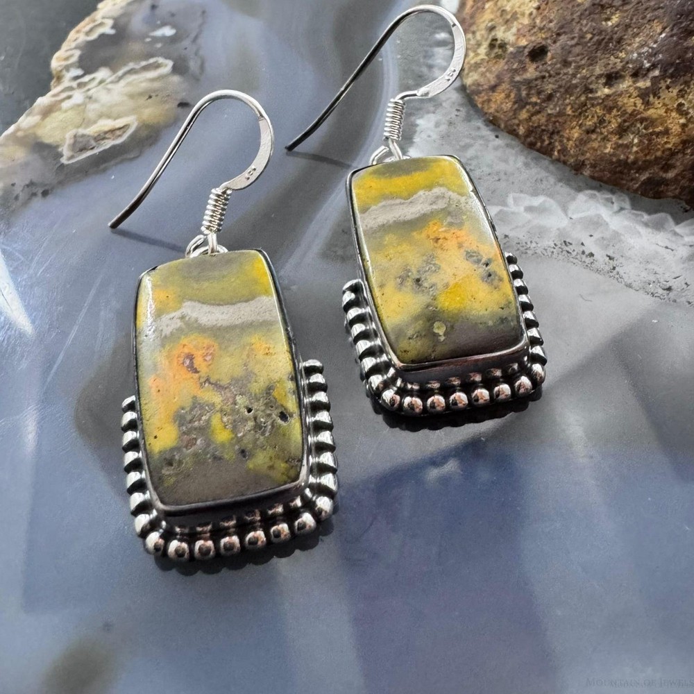Sterling Southwestern Style Rectangle Eclipse Jasper Decorated Dangle Earrings