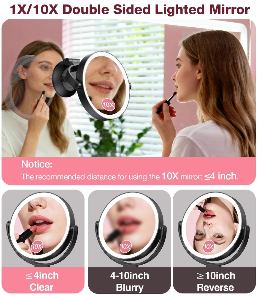 Suction Cup Magnifying Mirror with Light 10X, Wall Mounted Makeup Mirror with...