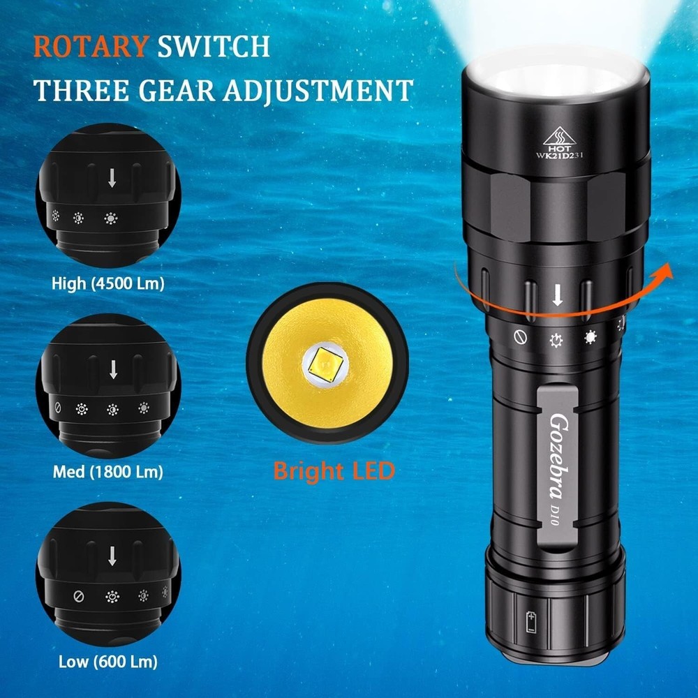 D10 4500 Lumen Underwater Light, 3 Modes Dive Light Scuba Diving Flashlight D...