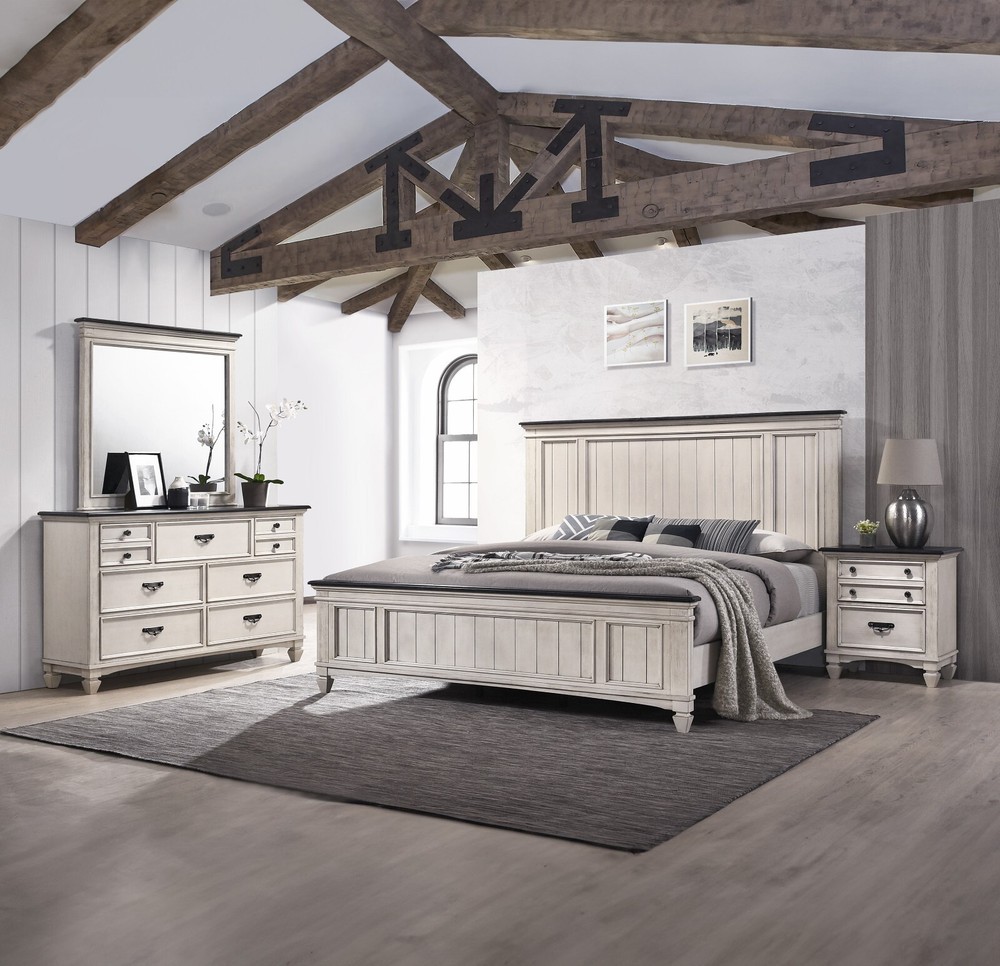 Rustic Cottage Style 4pc Queen Panel Bed Set Beige Finish Solid Wood Bedroom
