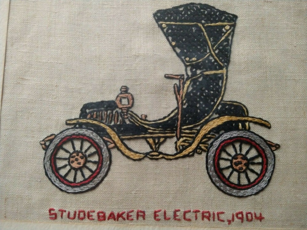 Framed Needlework Cross Stitch Cars - Studebaker Electric,1904 & Buick,1908 2 Pc