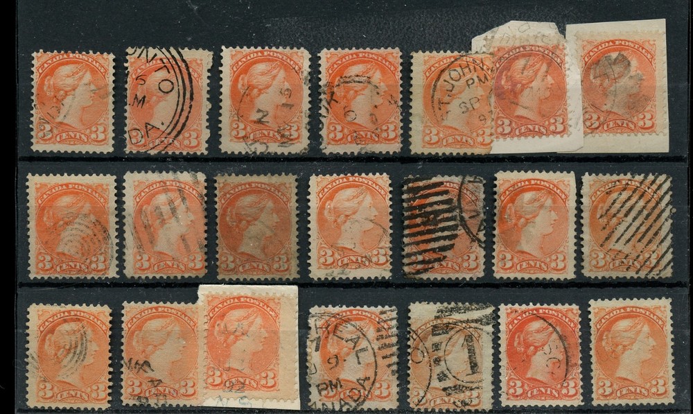 21 -- SMALL QUEEN 3 cent Various cancels, corks, used lot CAnada