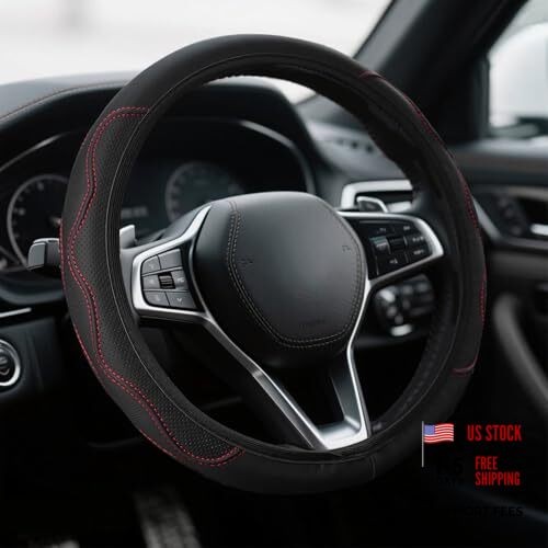 Car Steering Wheel Cover, Steering Wheel Protector, Microfiber PU Black Red