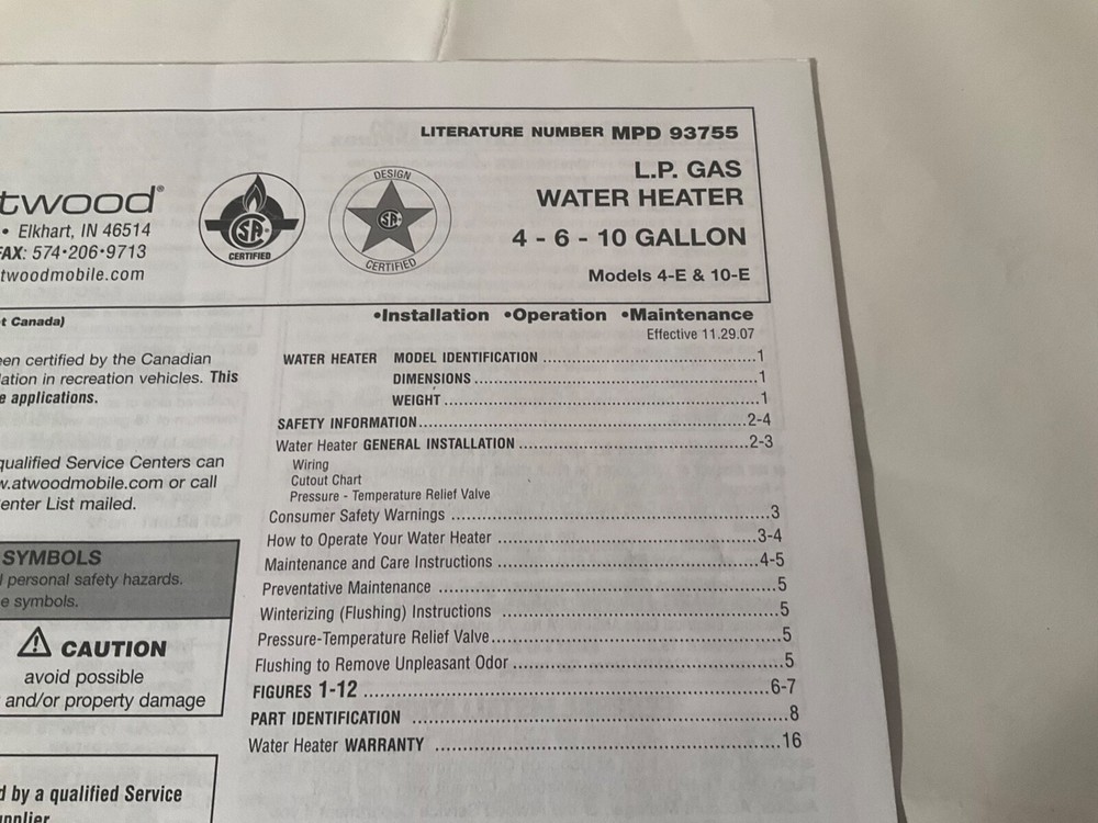 Atwood L.P. Gas Water Heater Guide Book Series 4-E &10-E *Manual MPD 93755*