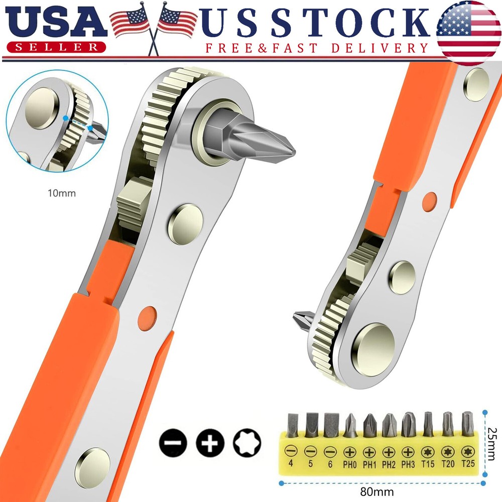 Ratcheting Right Angle Screwdriver Hex Drive 90 Degree Offset + 10pc Bits Set!