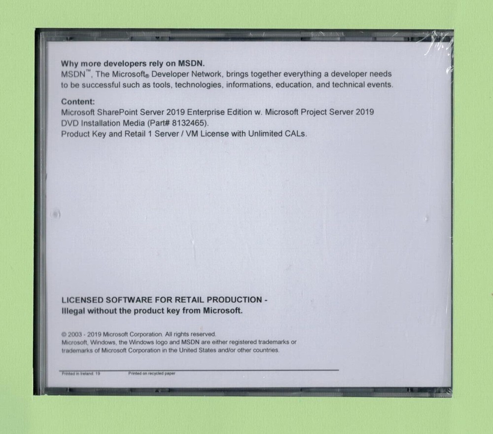 SharePoint Server 2019 Enterprise Edition 64 Bit w Project Server and Unl. CALs.