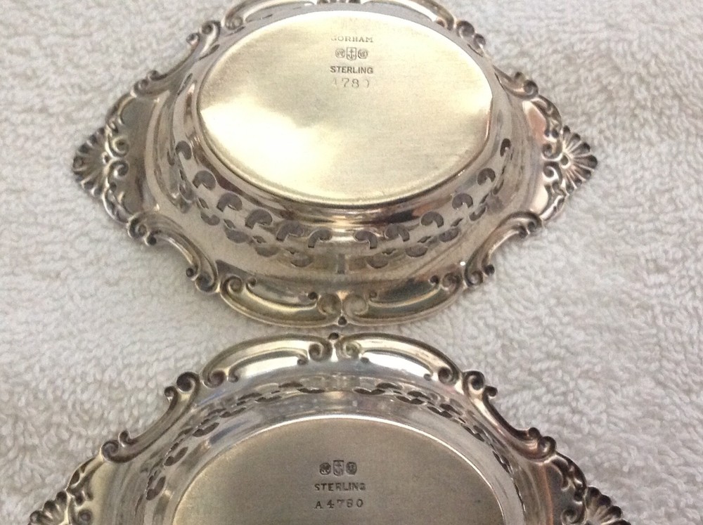 4 GORHAM STERLING SILVER PIERCED NUT BOWL DISH, ONE MONOGRAMMED