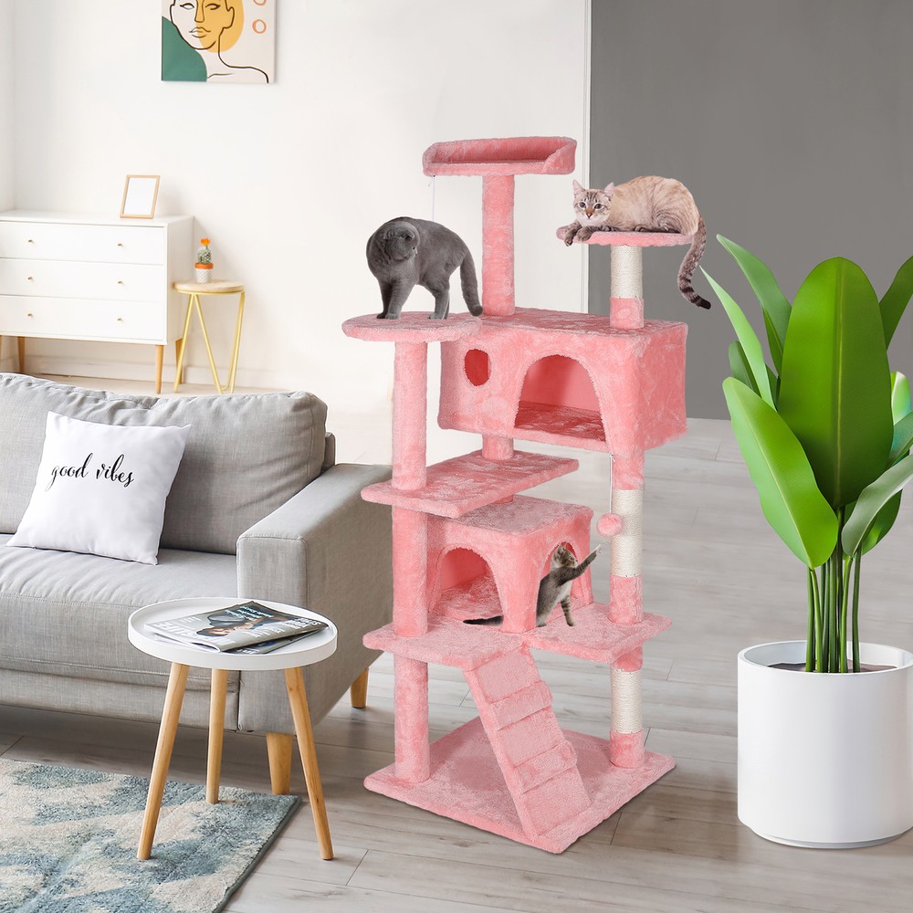 53" Cat Tree Activity Tower Pet with Scratching Posts Ladders Indoor Pink