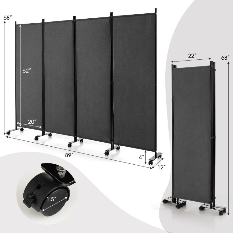 4-Panel Folding Room Divider with Locking Wheels - Portable Privacy Screen