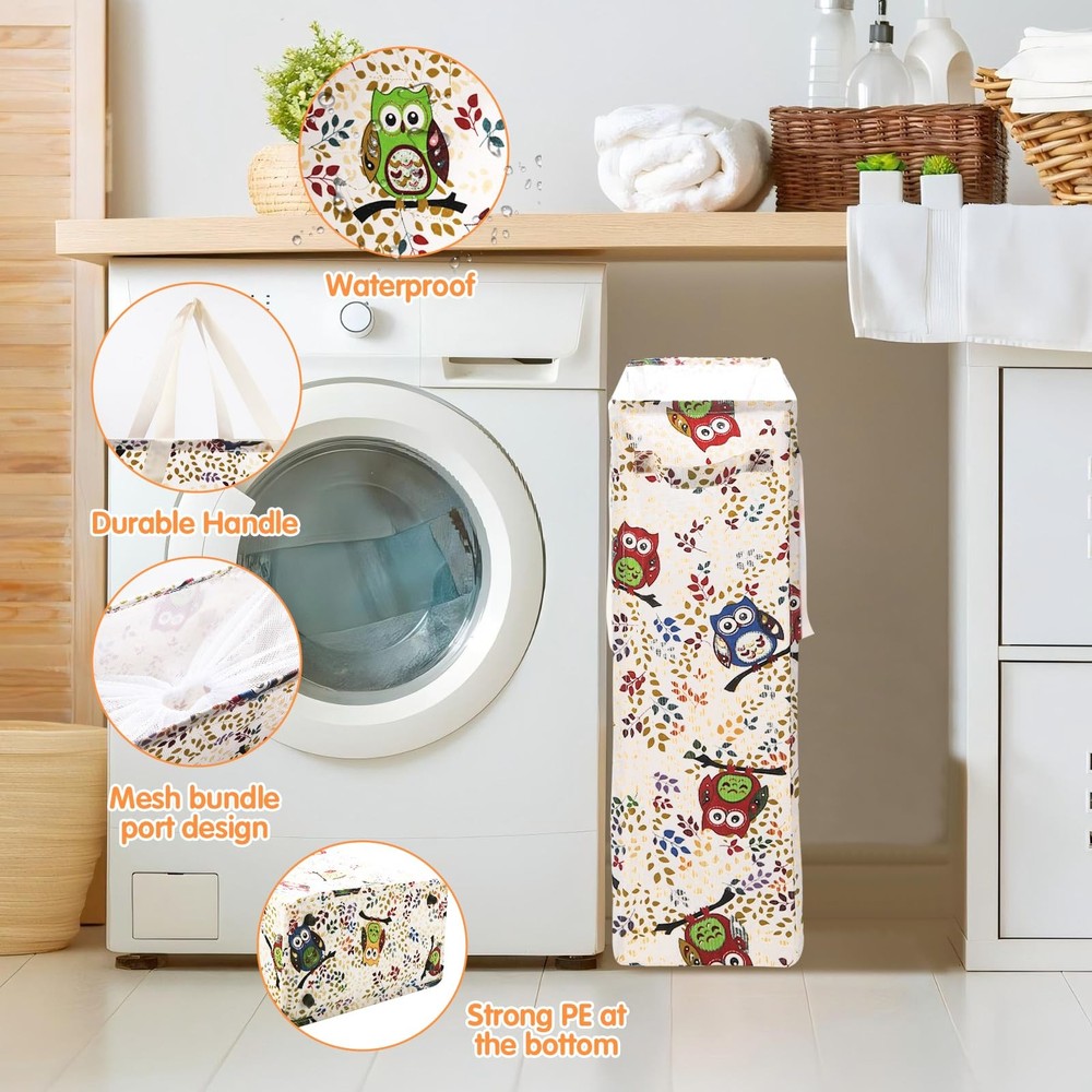 48L Owl Slim Laundry Hamper Collapsible Narrow Laundry Bag Foldable Basket