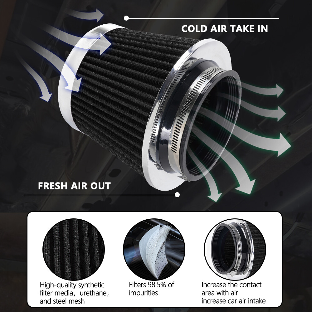 High Flow Inlet Dry Air Filter Cold Air Intake Cone Replacement Black 3"/3.5"/4"