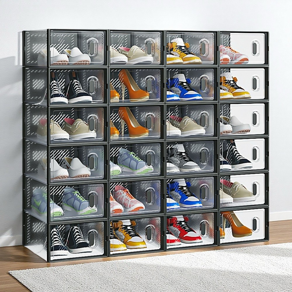 24-Pack Shoe Storage Boxes - Stackable, Door, Plastic Mesh, Black & Small Size