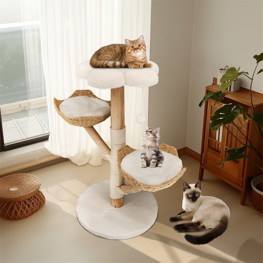 Solid Willow Wood Cat Tree w/ Soft White Bed & Scratching Post for 3 Large Cats
