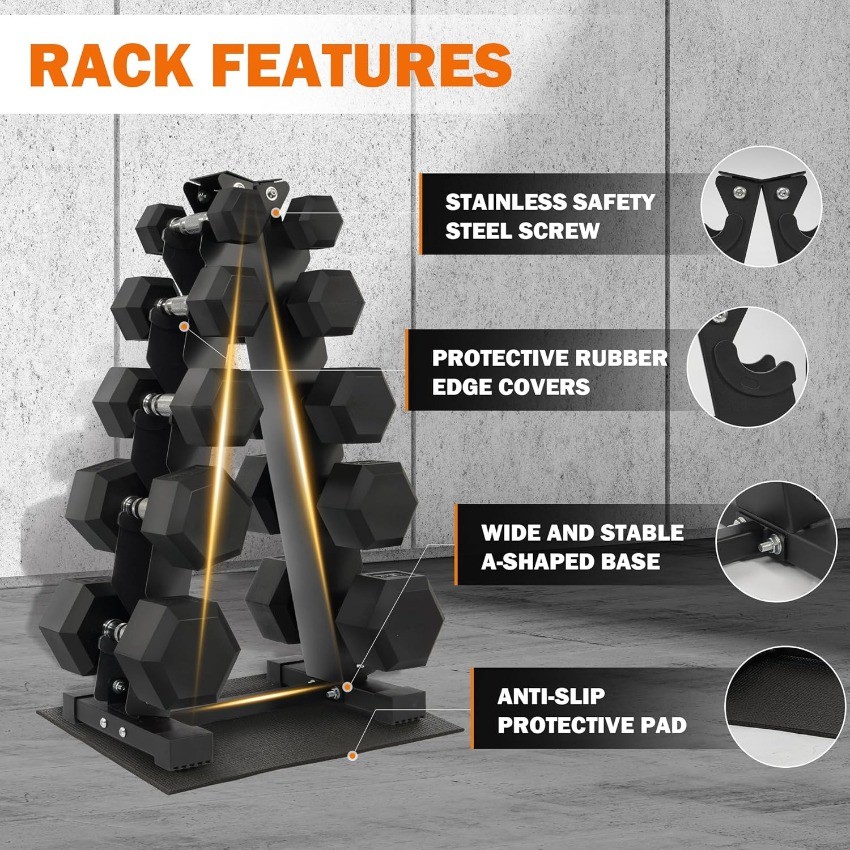 Fitvids Rubber Coated Hex Dumbbell Set with Storage Rack 150LBS