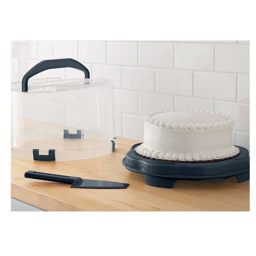 Mainstass Round Plastic Cake and Cupcake Carrier, Clear with Gray Handle