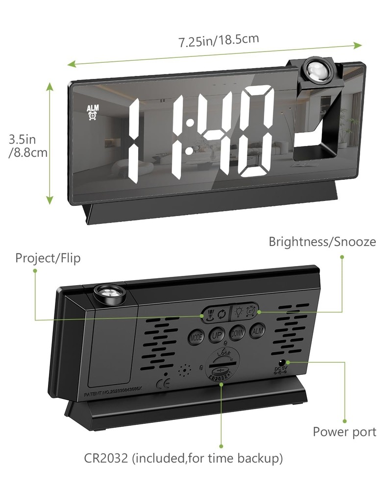 KeeKit Projection Alarm Clock with 180° Rotatable Display, Small, Black