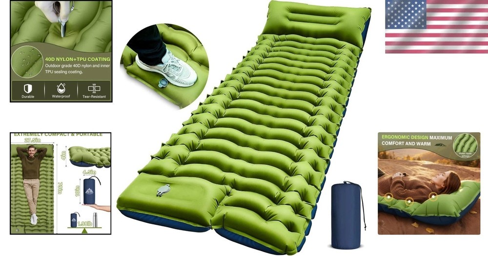 Ultralight Inflatable Camping Sleeping Pad with Built-in Pillow - Compact Green