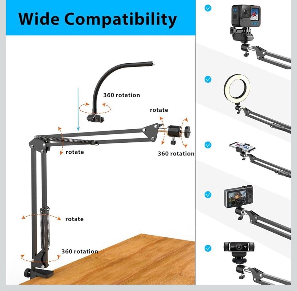 Overhead Camera Mount w/ Ring Light Phone Arm Tripod