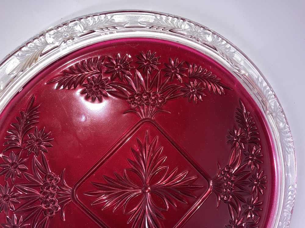 Vintage Mercury Silver Ruby Red Platter Stand Goofus Glass Beautiful