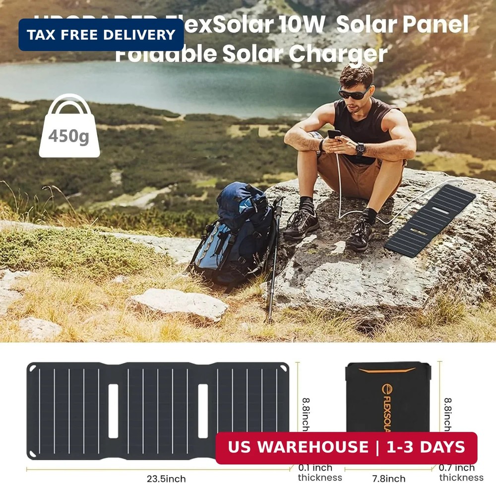 FlexSolar 15W USB Solar Panel Small Portable Foldable Solar Charger (5V/3A Max),