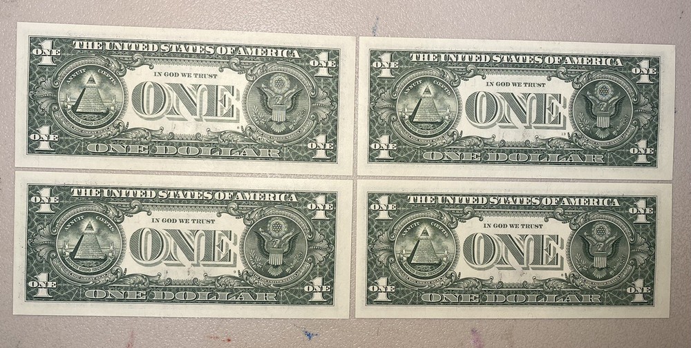 (4) $1 Sequential Bills ERRORS Identical OverInked 7 & Reverse Extra Ink Miscut