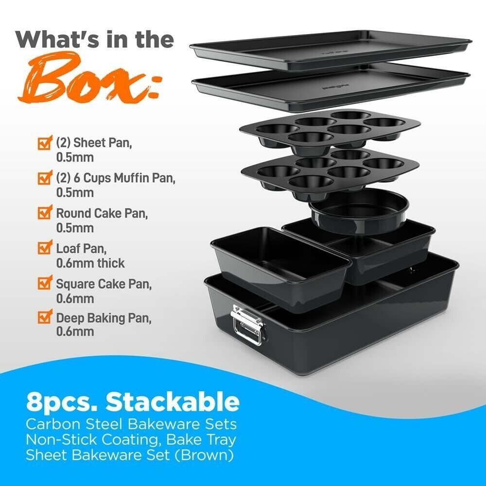 Nutrichef 8pcs. Stackable Carbon Steel Bakeware Sets - Non-Stick Coating (Black)