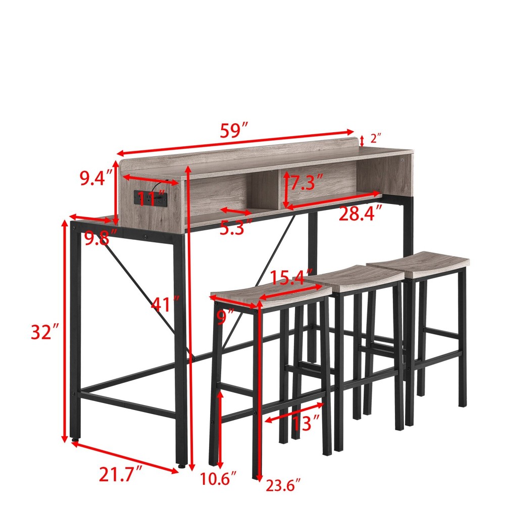 4 Piece Bar Table Set Bar Table with 3 Bar Stool & LED light & USB Port