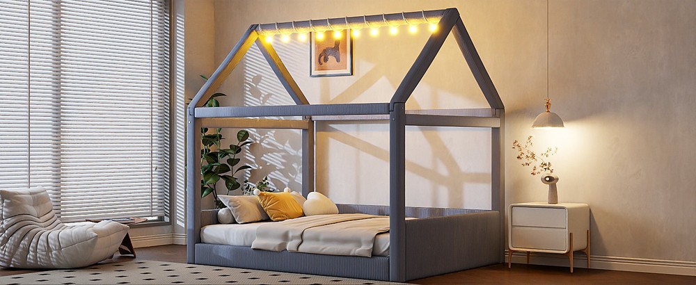 Full Size Upholstered House Daybed with LED Light Strips,Grey