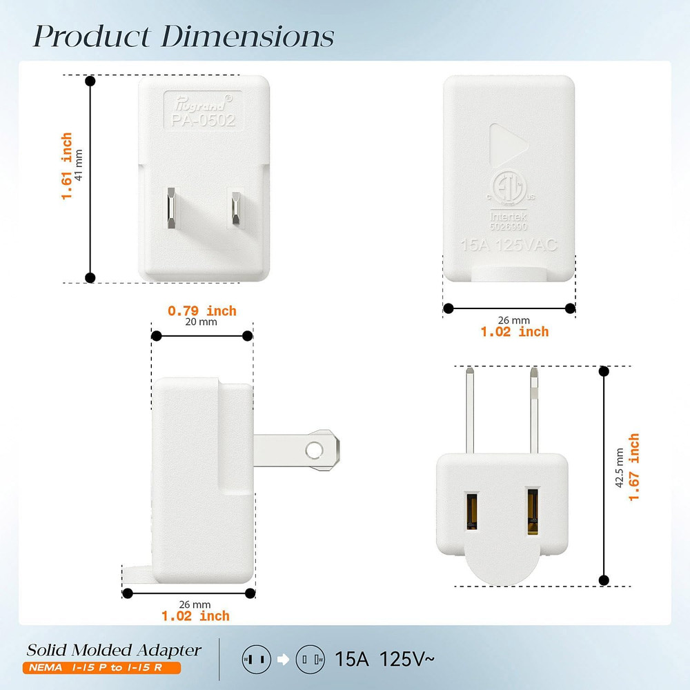 Polarized 2-Prong L Type Adapter, Vertical Right Angled down Angle AC Adapter, N