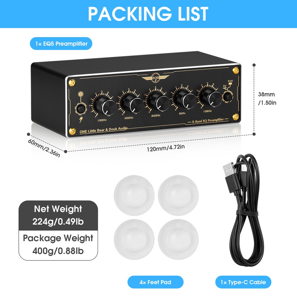 Compact 5-Band EQ Preamp Equalizer Stereo Audio Processor for Amplifier/Speaker