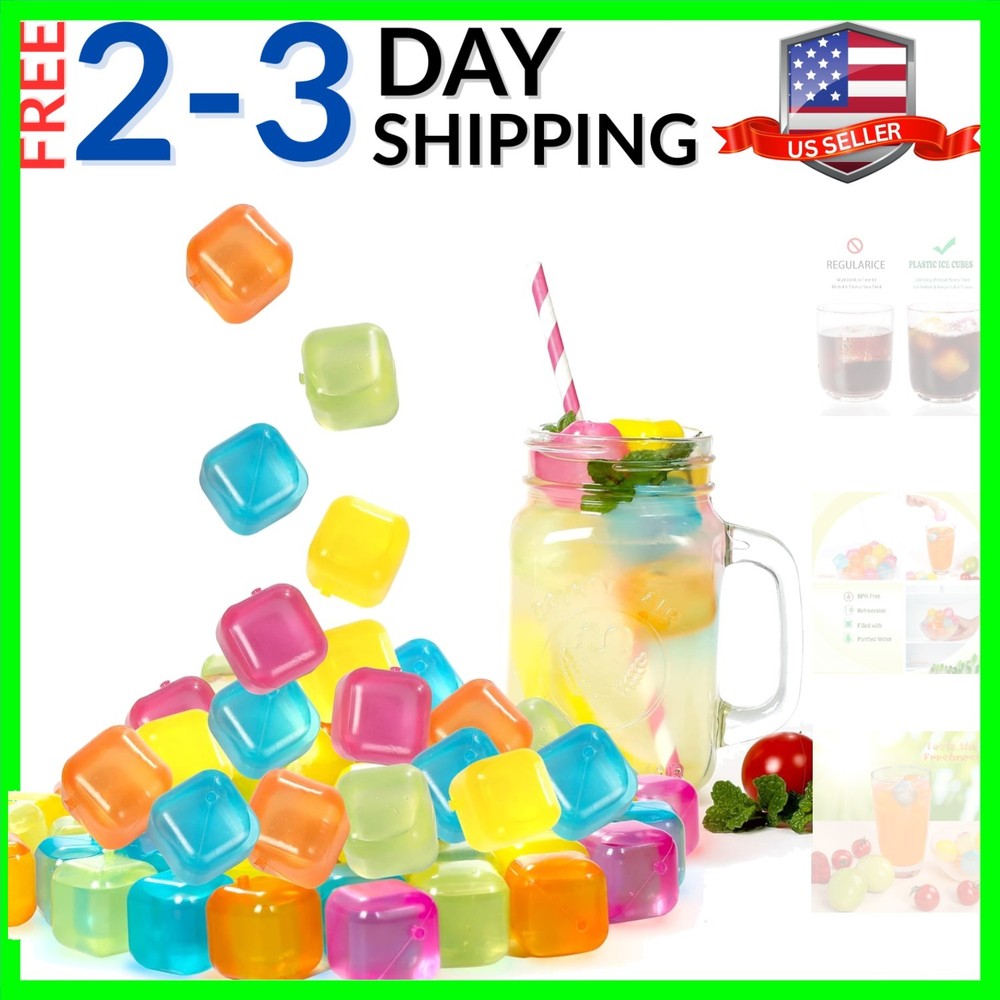 Reusable Ice Cube Plastic Ice Cubes 65 Pack Colorful Refreezable Ice Cubes fo...