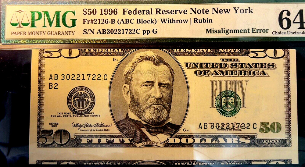 1996 $50 FRN SEVERE MISALIGNMENT ERROR PMG 64!