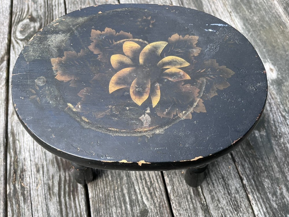 Antique  Signed Black Tole Stool 12x8.5x9