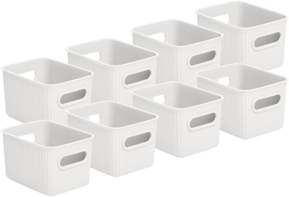 1.5 L Mini Ribbed Storage Bin, Decorative Plastic Storage Baskets, White, 8 Pack