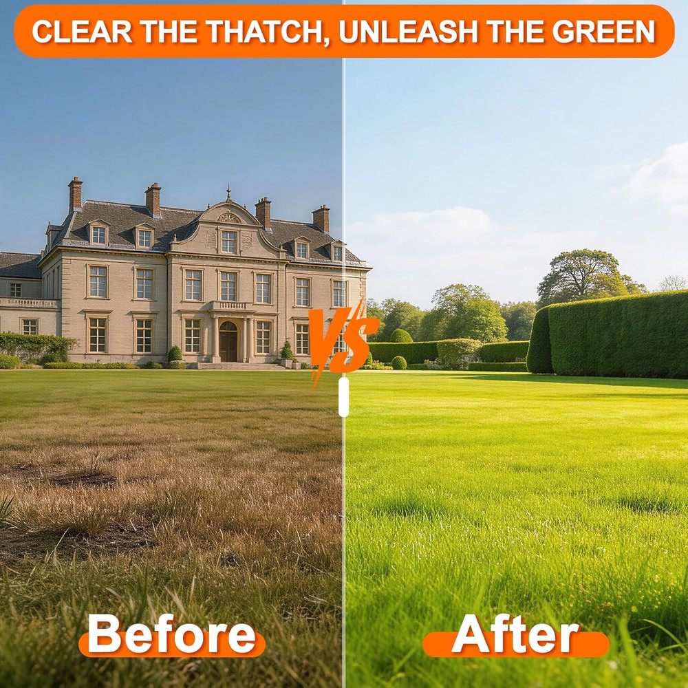 Adjustable 68" Thatch Rake with Dual-Action Tines for Lawn Dethatching