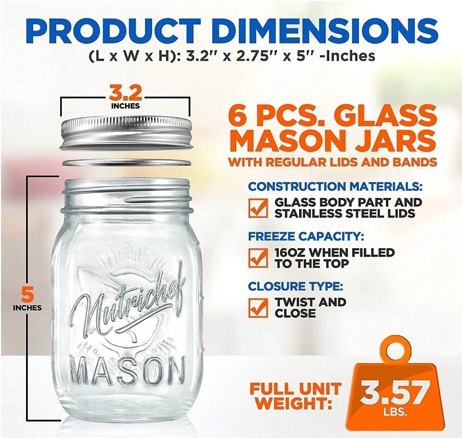 Nutrichef NCMSJ6 6 Pcs Mason Jars Set