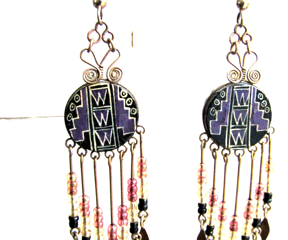 Handmade Hand Painted Boho Beaded Drop Dangle 3.5" Hook Earrings