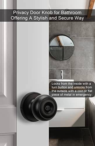 Matte Black Keyless Privacy Door Knobs - 6 Pack Interior Bedroom & Bathroom Knob